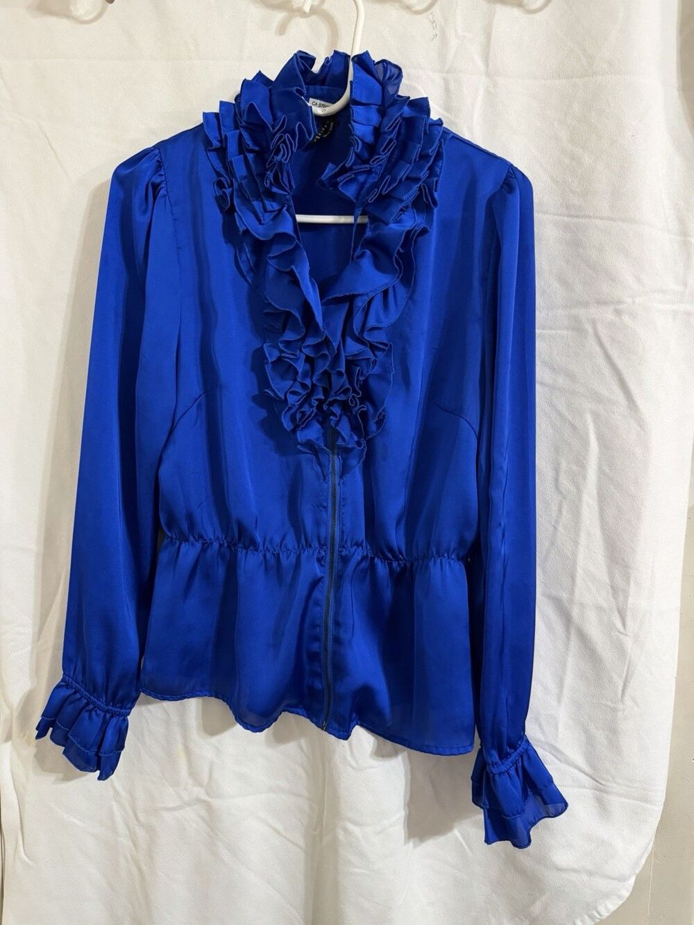 Lapis Blue Ruffled Women’s ClassicBlouse With Front Zipper Size Large